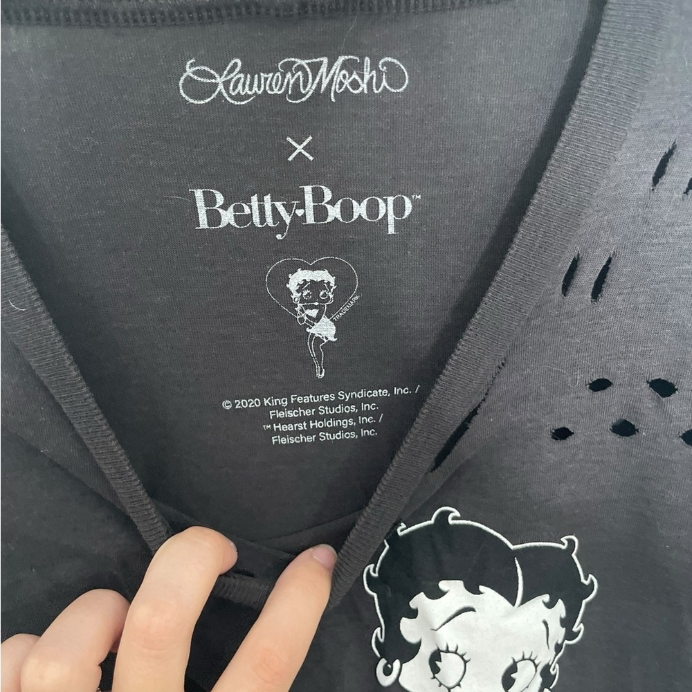 Lauren Moshi Black Tee with White Cartoon Graphic Betty Boop Distressed XS - Picture 2 of 6